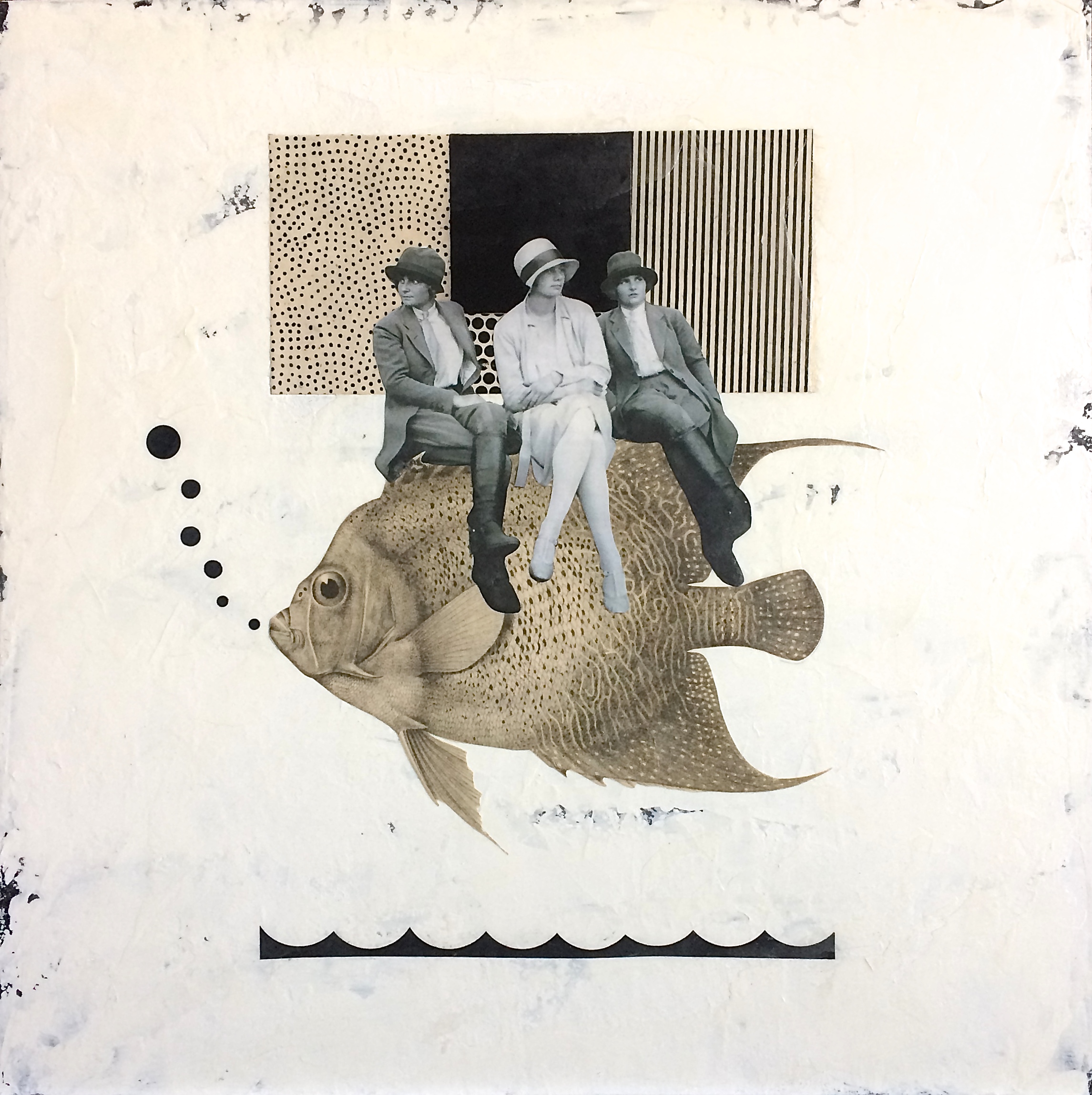 Three Dames on a Fish: Mixed media on wood panel